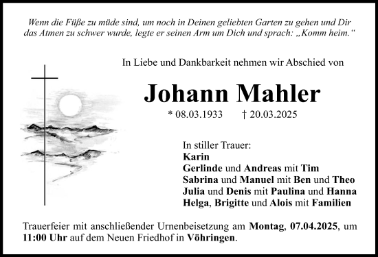 Traueranzeige von Johann Mahler von Illertisser Zeitung