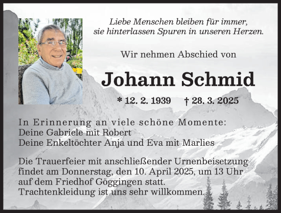 Traueranzeige von Johann Schmid von Augsburger Allgemeine