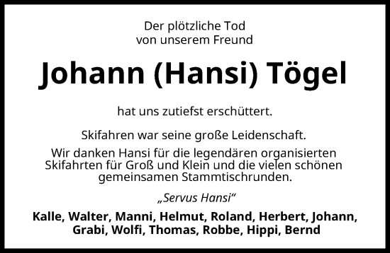 Traueranzeige von Johann Tögel von Mindelheimer Zeitung