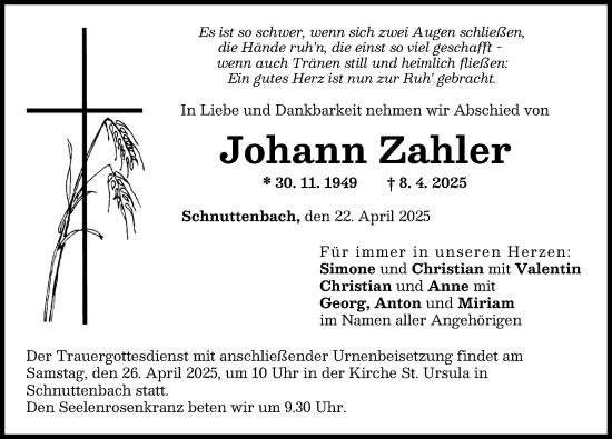 Traueranzeige von Johann Zahler von Günzburger Zeitung
