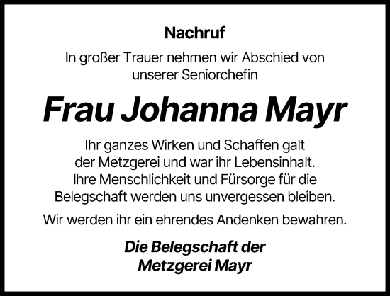 Traueranzeige von Johanna Mayr von Schwabmünchner Allgemeine