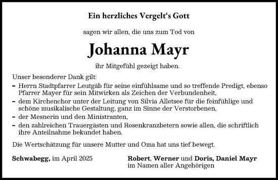 Traueranzeige von Johanna Mayr von Schwabmünchner Allgemeine