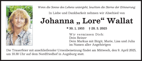 Traueranzeige von Johanna Wallat von Augsburger Allgemeine