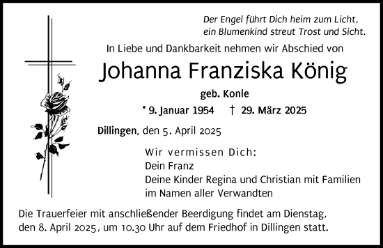 Traueranzeige von Johanna Franziska König von Donau Zeitung