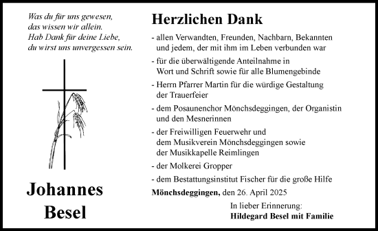 Traueranzeige von Johannes Besel von Rieser Nachrichten