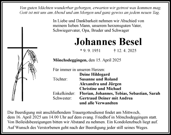 Traueranzeige von Johannes Besel von Rieser Nachrichten