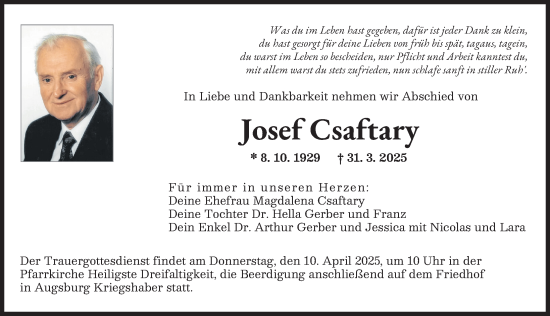 Traueranzeige von Josef Csaftary von Augsburger Allgemeine