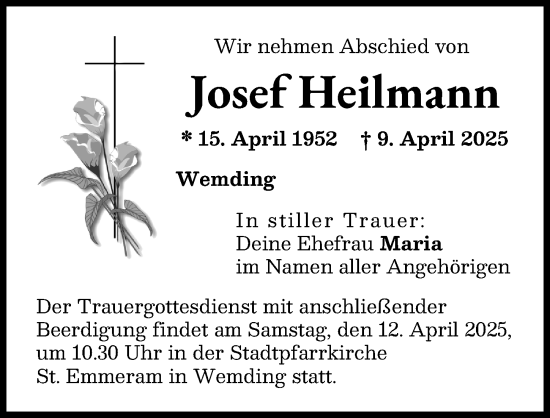 Traueranzeige von Josef Heilmann von Donauwörther Zeitung
