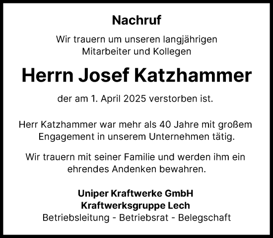 Traueranzeige von Josef Katzhammer von Landsberger Tagblatt