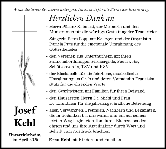 Traueranzeige von Josef Kehl von Wertinger Zeitung