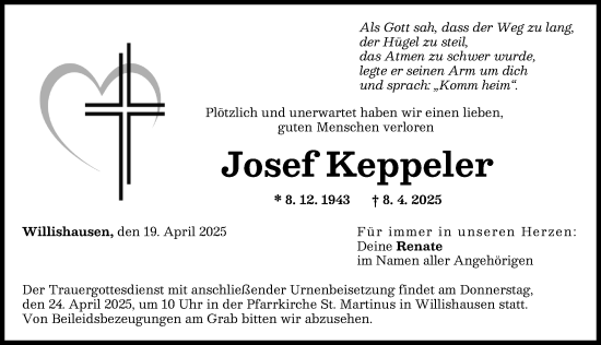Traueranzeige von Josef Keppeler von Augsburg-Land