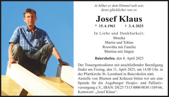 Traueranzeige von Josef Klaus von Augsburg-Land