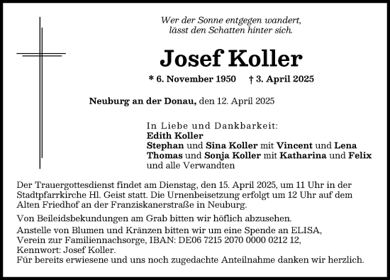 Traueranzeige von Josef Koller von Neuburger Rundschau