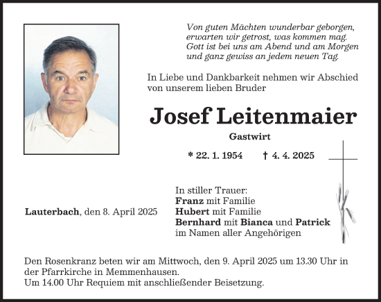 Traueranzeige von Josef Leitenmaier von Mittelschwäbische Nachrichten