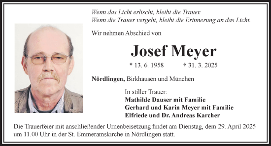 Traueranzeige von Josef Meyer von Rieser Nachrichten