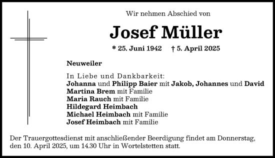 Traueranzeige von Josef Müller von Wertinger Zeitung