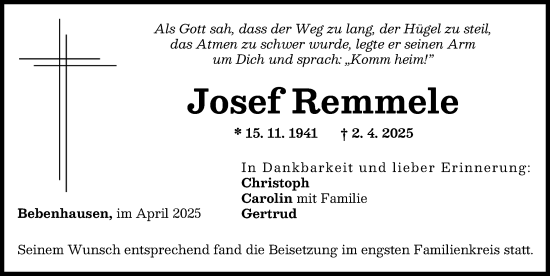 Traueranzeige von Josef Remmele von Illertisser Zeitung