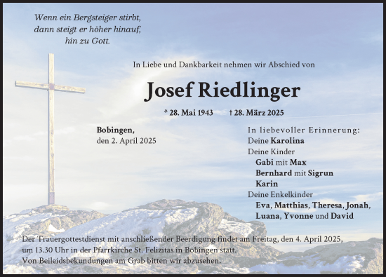 Traueranzeige von Josef Riedlinger von Schwabmünchner Allgemeine