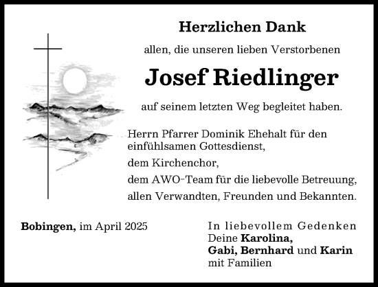 Traueranzeige von Josef Riedlinger von Schwabmünchner Allgemeine