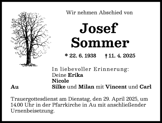 Traueranzeige von Josef Sommer von Illertisser Zeitung