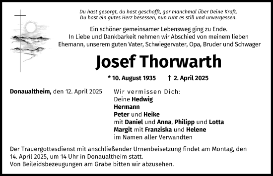 Traueranzeige von Josef Thorwarth von Donau Zeitung