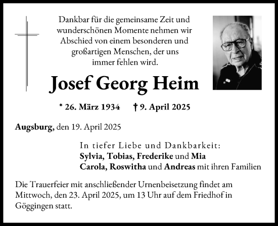 Traueranzeige von Josef Georg Heim von Augsburger Allgemeine