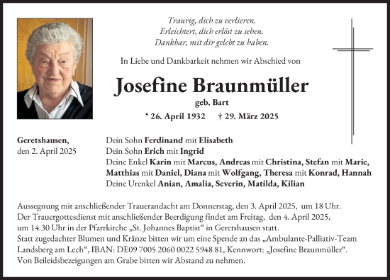 Traueranzeige von Josefine Braunmüller von Landsberger Tagblatt