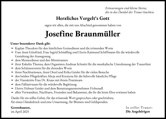 Traueranzeige von Josefine Braunmüller von Landsberger Tagblatt