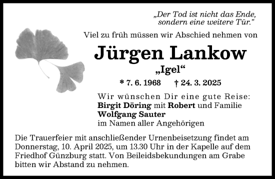 Traueranzeige von Jürgen Lankow von Günzburger Zeitung