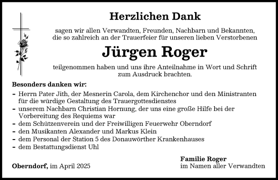 Traueranzeige von Jürgen Roger von Donauwörther Zeitung