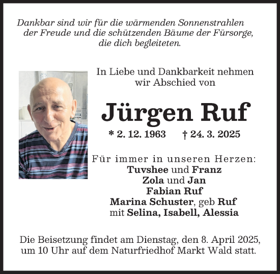 Traueranzeige von Jürgen Ruf von Schwabmünchner Allgemeine