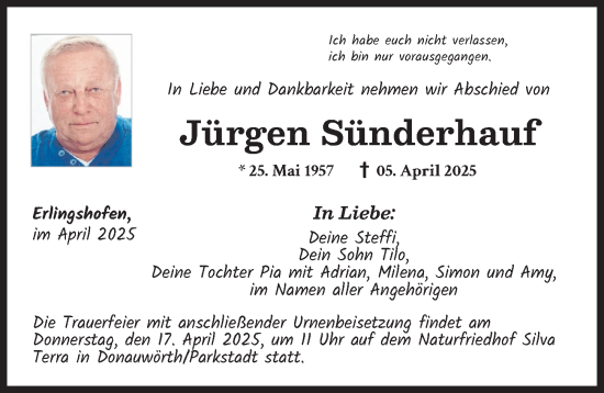 Traueranzeige von Jürgen Sünderhauf von Donauwörther Zeitung