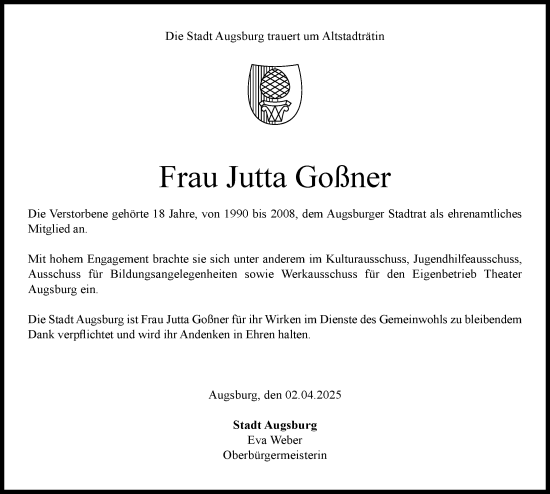 Traueranzeige von Jutta Goßner von Augsburger Allgemeine