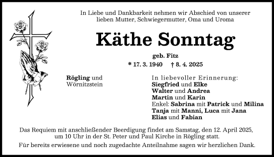 Traueranzeige von Käthe Sonntag von Donauwörther Zeitung