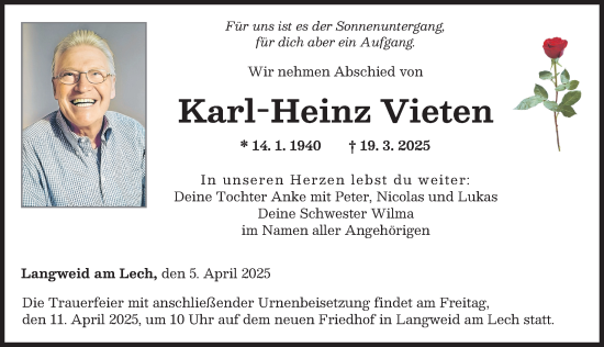 Traueranzeige von Karl-Heinz Vieten von Augsburg-Land