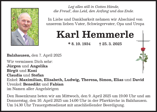 Traueranzeige von Karl Hemmerle von Mittelschwäbische Nachrichten