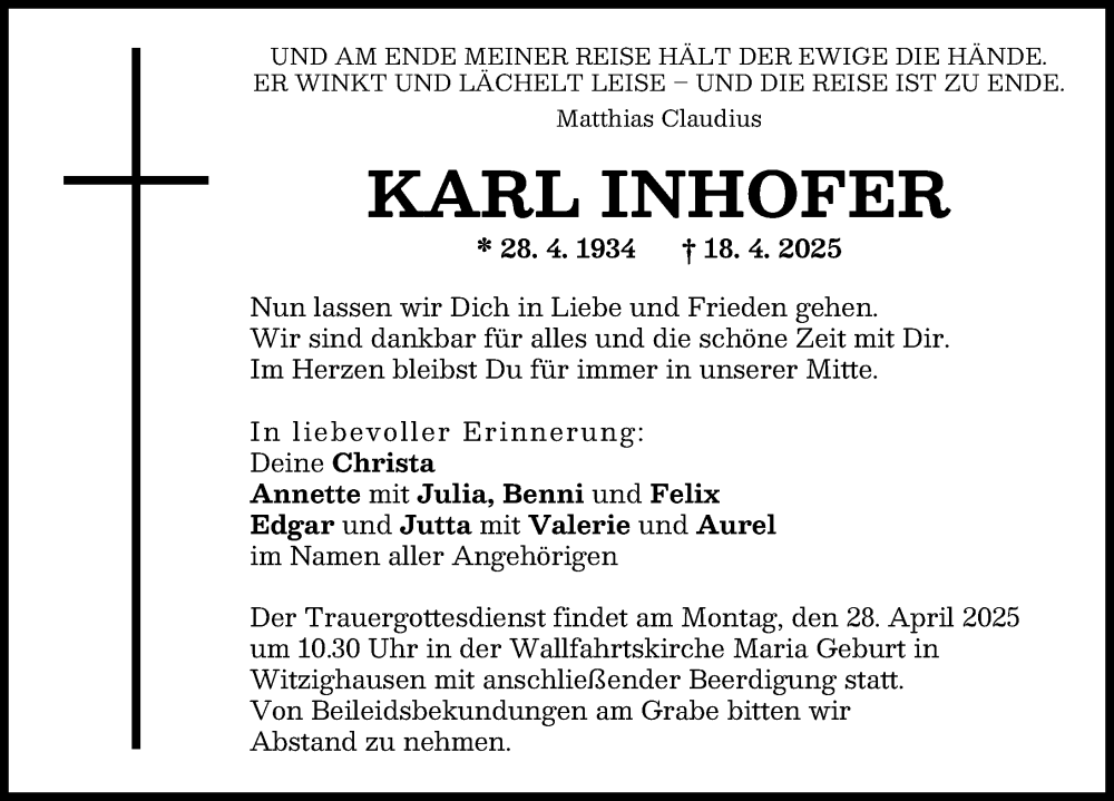  Traueranzeige für Karl Inhofer vom 23.04.2025 aus Neu-Ulmer Zeitung
