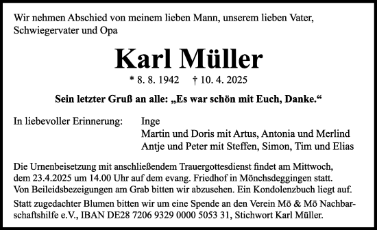 Traueranzeige von Karl Müller von Rieser Nachrichten