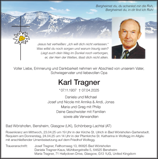 Traueranzeige von Karl Tragner von Mindelheimer Zeitung