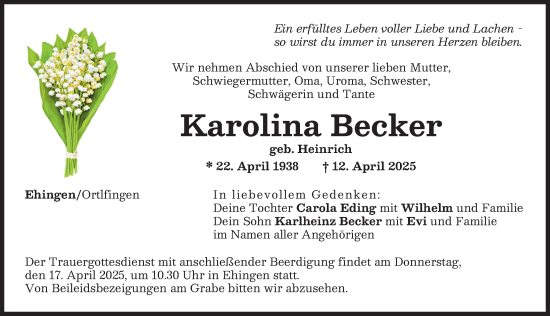 Traueranzeige von Karolina Becker von Augsburg-Land