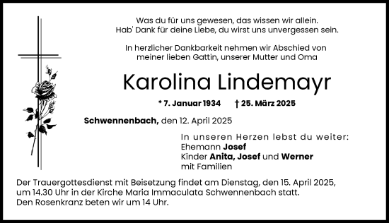 Traueranzeige von Karolina Lindemayr von Donau Zeitung