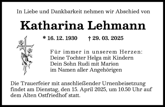 Traueranzeige von Katharina Lehmann von Augsburger Allgemeine