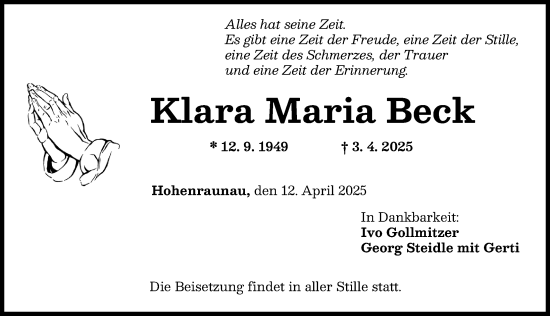 Traueranzeige von Klara Maria Beck von Mittelschwäbische Nachrichten