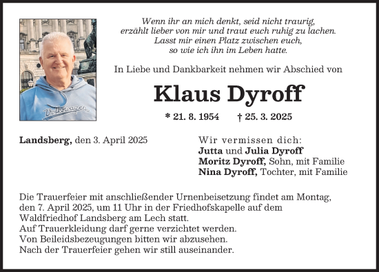 Traueranzeige von Klaus Dyroff von Landsberger Tagblatt