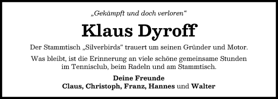 Traueranzeige von Klaus Dyroff von Landsberger Tagblatt