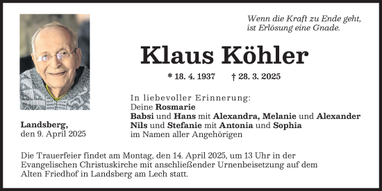 Traueranzeige von Klaus Köhler von Landsberger Tagblatt