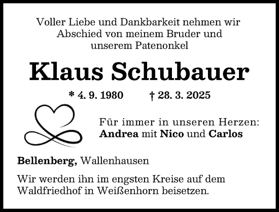 Traueranzeige von Klaus Schubauer von Neu-Ulmer Zeitung