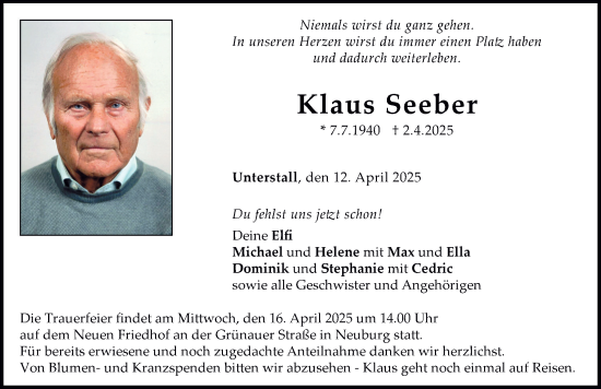 Traueranzeige von Klaus Seeber von Neuburger Rundschau