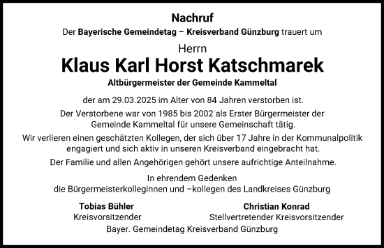 Traueranzeige von Klaus Karl Horst Katschmarek von Mittelschwäbische Nachrichten, Günzburger Zeitung