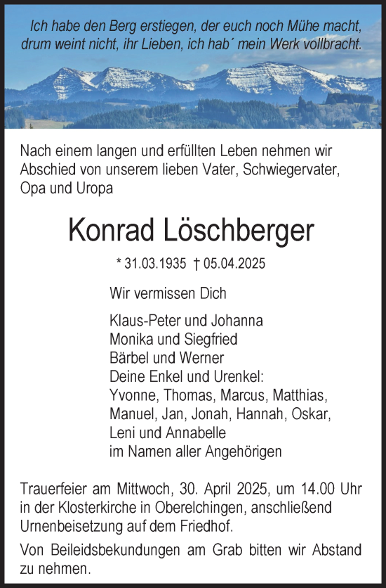 Traueranzeige von Konrad Löschberger von Augsburger Allgemeine, Neu-Ulmer Zeitung